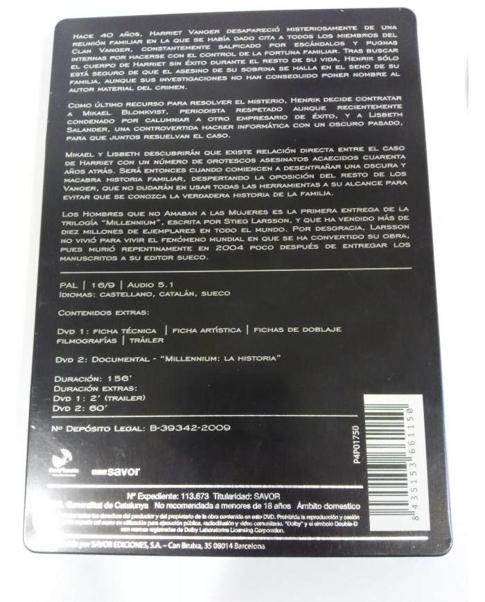 MILLENNIUM 1 LOS HOMBRES QUE NO AMABAN MUJERES 2X DVD STEELBOOK STIEG LARSSON AM