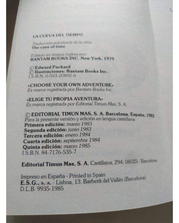 La Cueva del Tiempo Edward Packard Paul Granger 1985 Timun - LIBRO Español Am