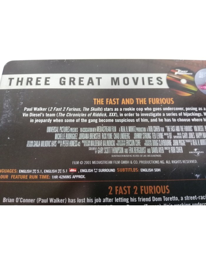 FAST AND FURIOUS + 2 FAST 2 FURIOUS + TOKYO DRIFT TRILOGY 3 X DVD STEELBOOK - AM