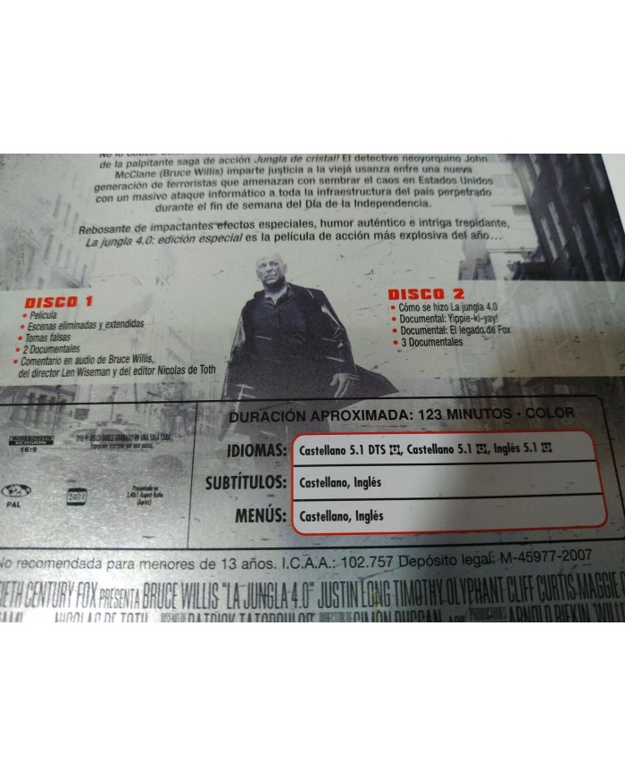 LA JUNGLA DE CRISTAL 4.0 DIE HARD 4.0 - 2 DVD STEELBOOK ESPAÑOL ENGLISH - AM
