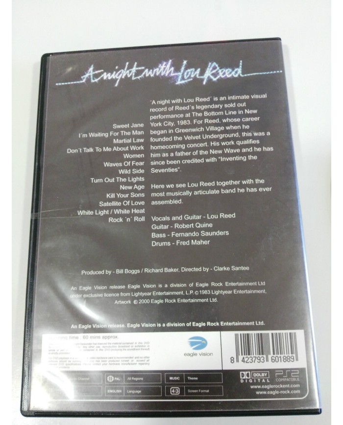 LOU REED IN CONCERT A NIGHT WITH LOU REED DVD PAL REGION 0 ALL REGIONS 60 MIN