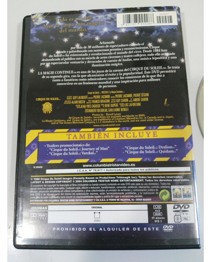 CIRQUE DU SOLEIL LA MAGIE CONTINUE DVD CASTELLANO + EXTRAS 1986-2004
