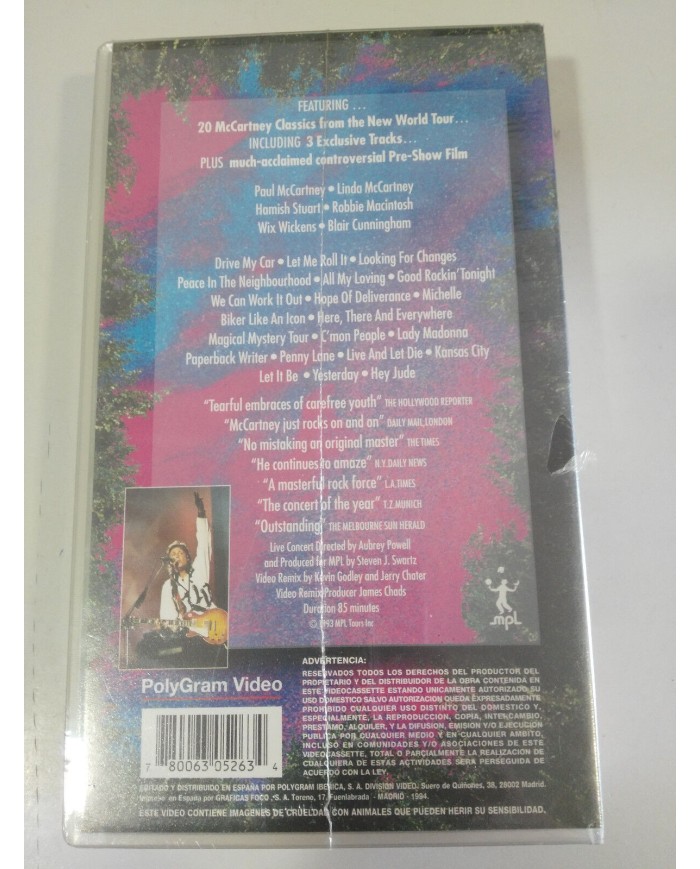 PAUL MAcCARTNEY PAUL IS LIVE IN CONCERT BEATLES 85 MIN 1994 - VHS TAPE NUEVO Am