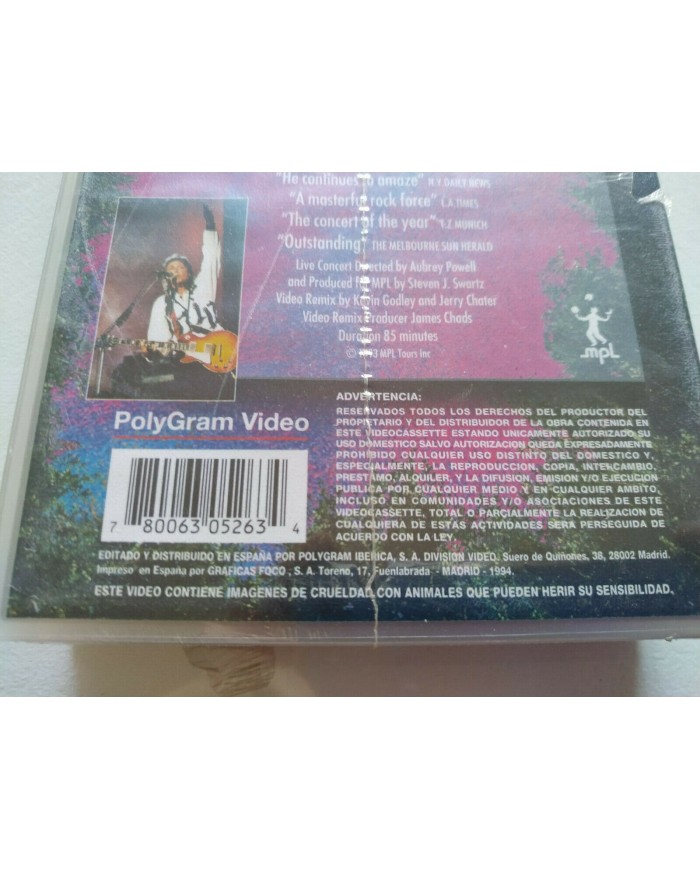 PAUL MAcCARTNEY PAUL IS LIVE IN CONCERT BEATLES 85 MIN 1994 - VHS TAPE NUEVO Am
