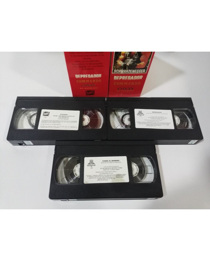 SCHWARZENEGGER CONAN EL BARBARO + DEPREDADOR + COMMANDO - VHS TAPE CASTELLANO