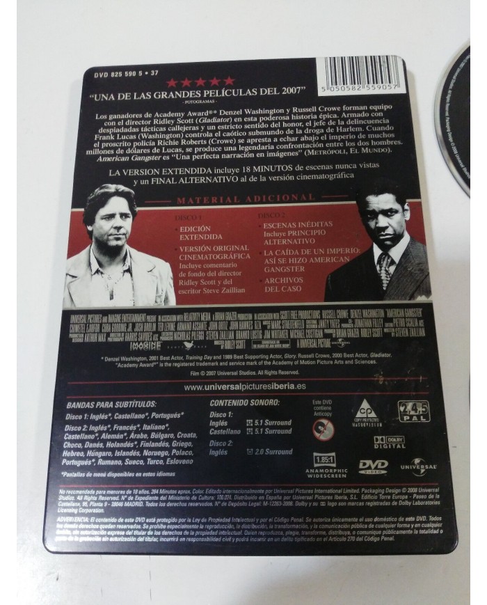 AMERICAN GANGSTER 2 X DVD STEELBOOK ESPA?OL ENGLISH RUSSELL CROWE DENZEL WASHING