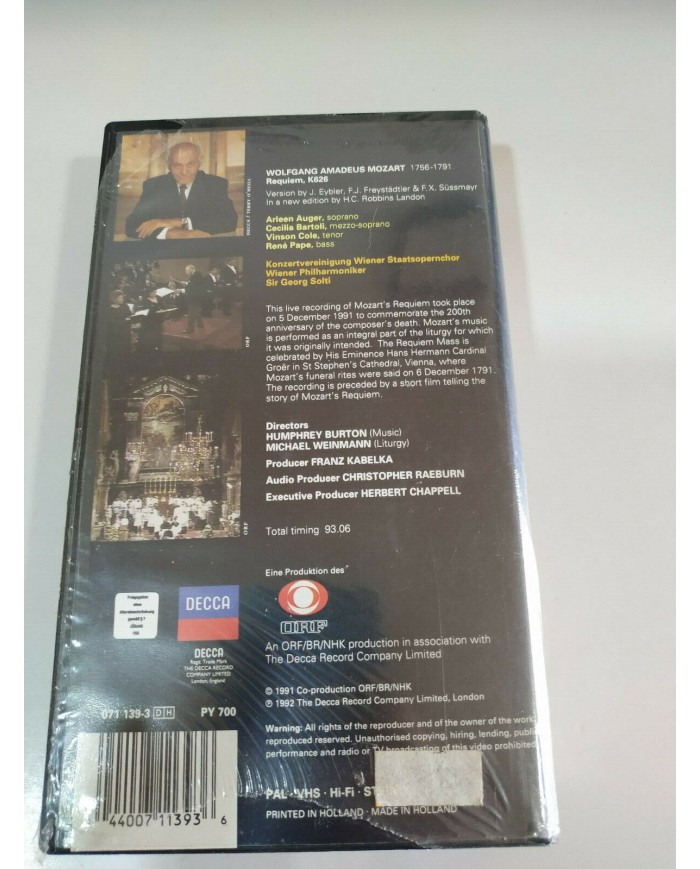A Requiem for Mozart Sir Georg Solti Live in Vienna VHS Cinta Tape Nuevo Am