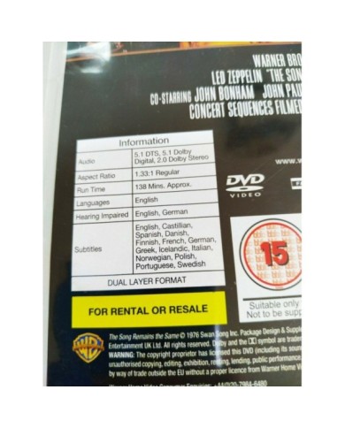 Led Zeppelin The Song Remains The Same - DVD Region 2 - English Spanish Am