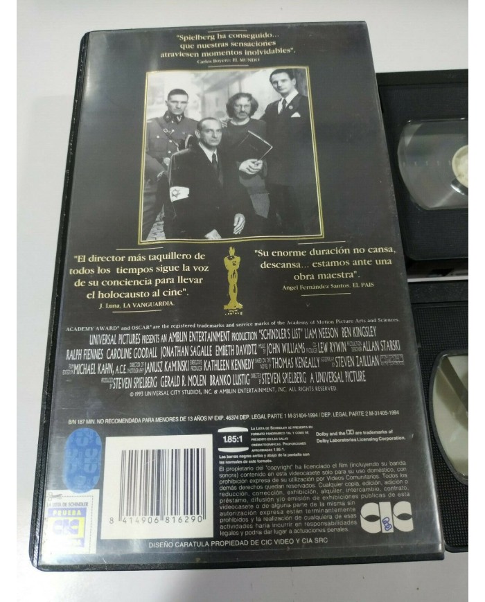 La Lista de Schindler Steven Spielberg Liam Neeson 2 x VHS Cinta Tape Espa?ol 3T