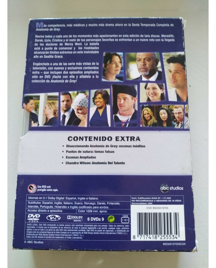 Anatomia de Grey Sexta Temporada Completa 6 x DVD Ingles Espa?ol Region 2 - 3T