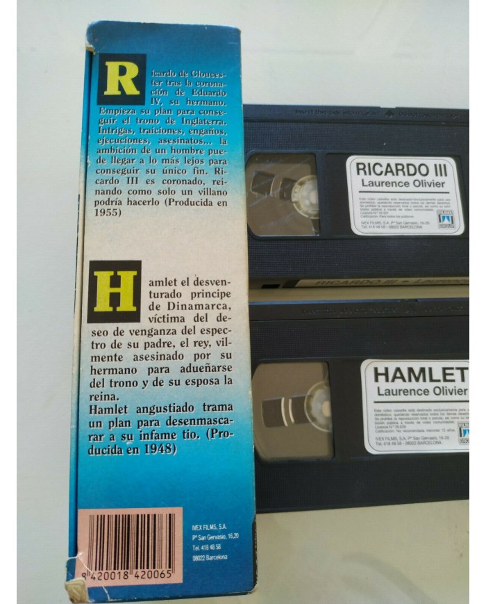 Laurence Olivier Hamlet + Ricardo III Shakespeare - 2 x VHS Espa?ol - 3T