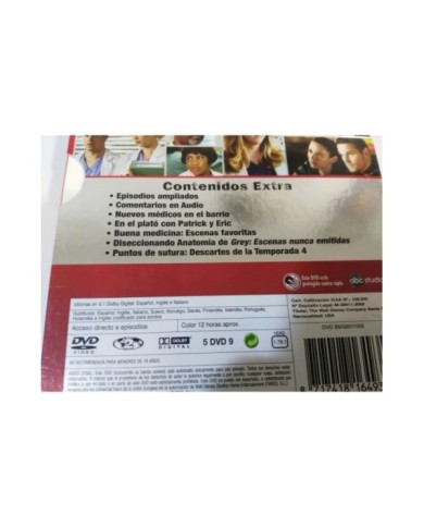 ANATOMIA DE GREY CUARTA TEMPORADA 4 AMPLIADA 5 X DVD + EXTRAS Espa?ol Ingles AM