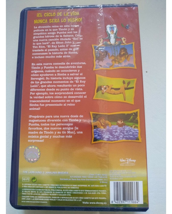 El Rey Leon 3 Hakuna Matata Walt Disney 2003 - VHS Cinta Tape Espa?ol Nueva 4T