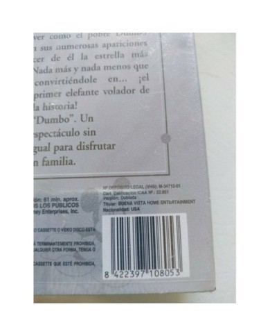 Dumbo Los Clasicos de Walt Disney 2001 - VHS Cinta Tape Espa?ol Nueva
