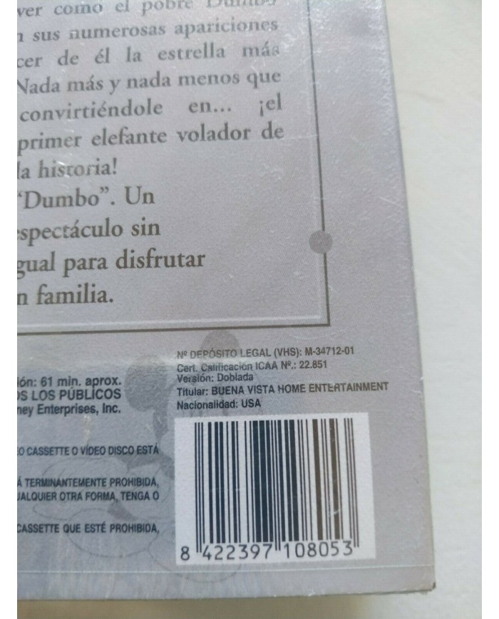 Dumbo Los Clasicos de Walt Disney 2001 - VHS Cinta Tape Espa?ol Nueva