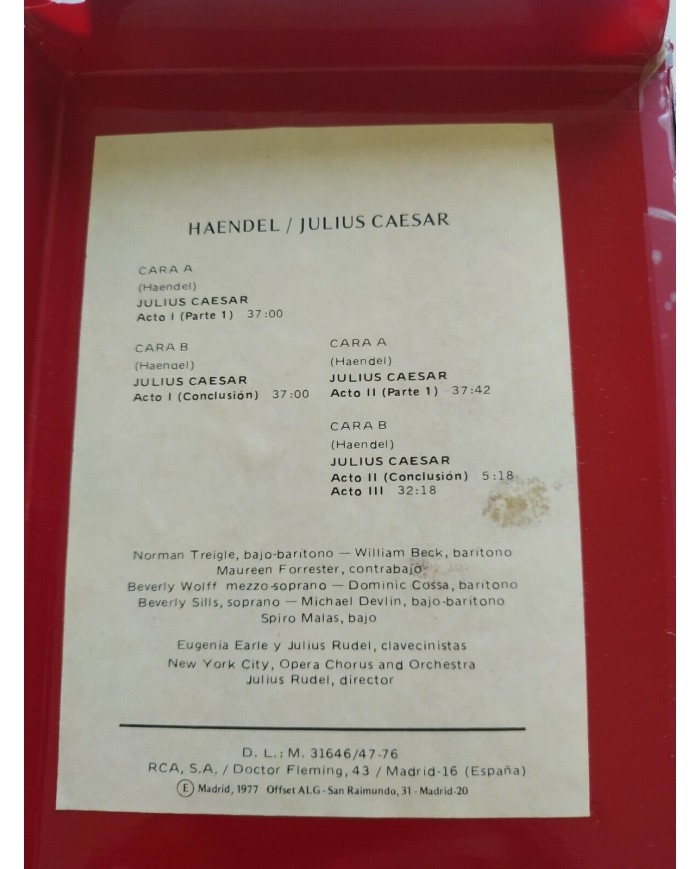 Haendel Julius Caesar RCA 1972 Rudel Treigle Forrester - 2 x Cinta Tape Cassette