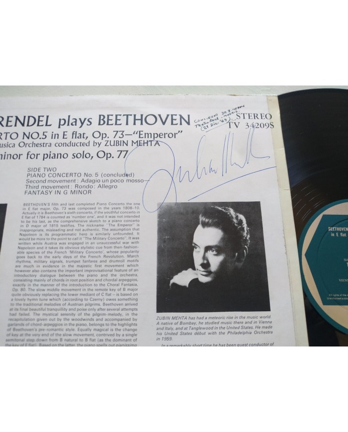 Beethoven Brendel Emperor - LP 12" Vinilo VG/VG Firmado a mano por Zubin Mehta