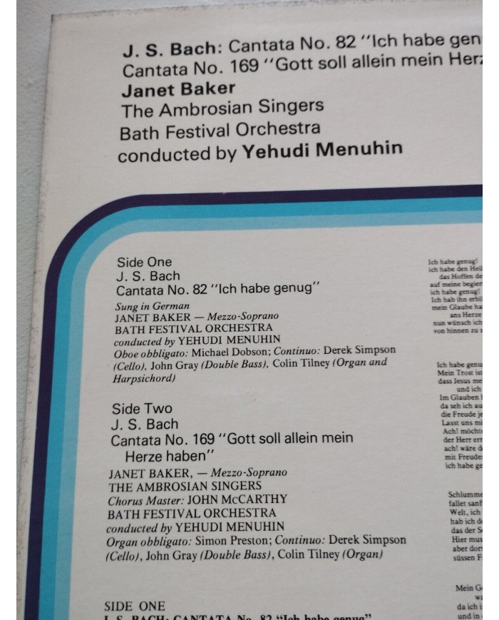 Janet Baker Yehudi Menuhin Bach Cantatas 1967 SXLP 30289 LP 12" Vinilo VG/VG Am