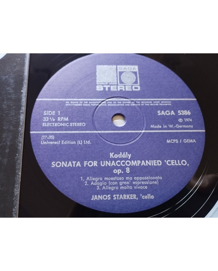 Janos Starker Plays Kodaly Cello Sonata Op 8 SAGA 5386 1974 LP 12" Vinilo VG/VG