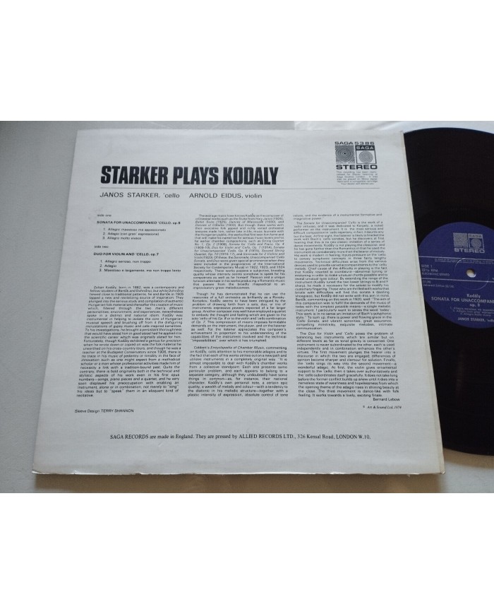 Janos Starker Plays Kodaly Cello Sonata Op 8 SAGA 5386 1974 LP 12" Vinilo VG/VG