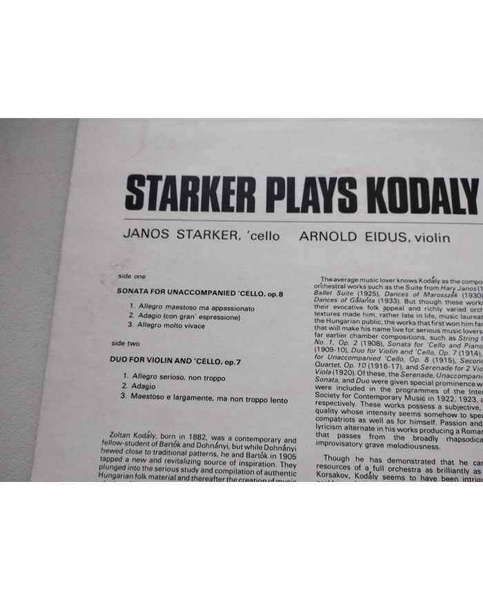 Janos Starker Plays Kodaly Cello Sonata Op 8 SAGA 5386 1974 LP 12" Vinilo VG/VG