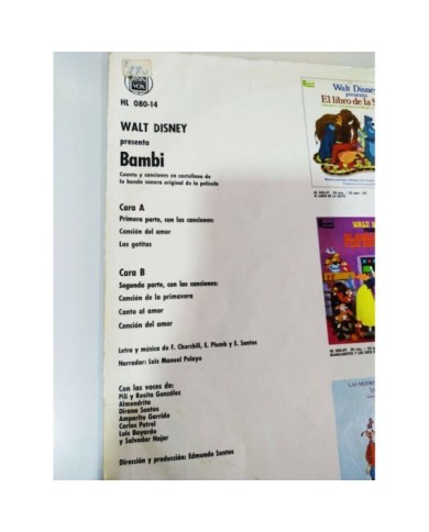 Bambi Walt disney Banda Sonora y Cuento Castellano 1970 LP Vinilo 12" G+/G+ 2T