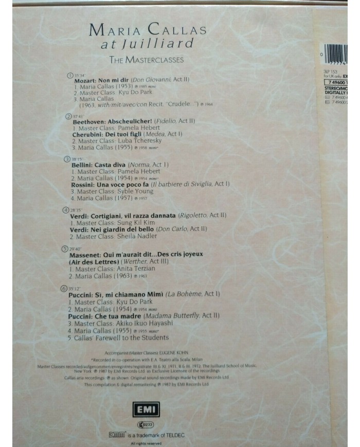 Maria Callas At Juillard The Masterclasses EMI 1987 - 3 x LP 12" Vinilo VG/VG