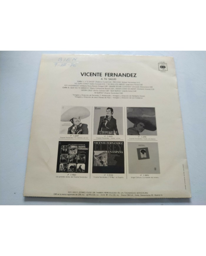 Vicente Fernandez A Tu Salud CBS 1976 Spain First Press - LP 12" Vinilo VG/VG