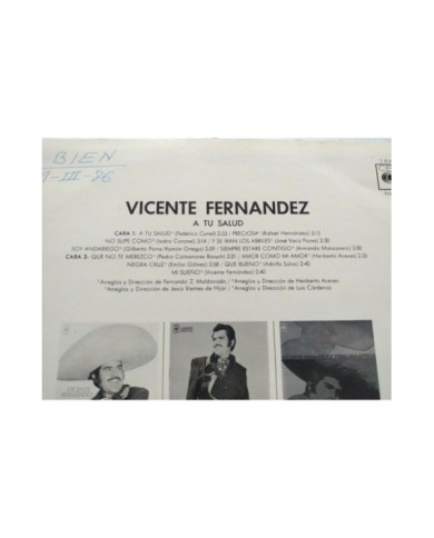 Vicente Fernandez A Tu Salud CBS 1976 Spain First Press - LP 12" Vinilo VG/VG