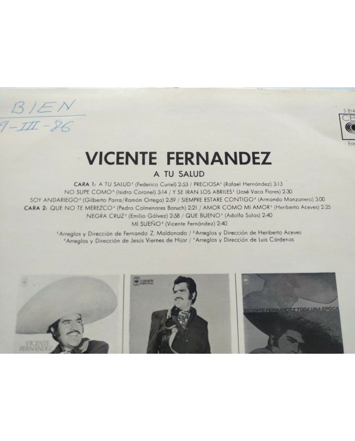 Vicente Fernandez A Tu Salud CBS 1976 Spain First Press - LP 12" Vinilo VG/VG