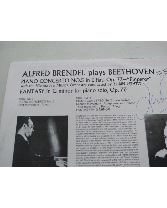 Beethoven Brendel Emperor - LP 12" Vinilo VG/VG Firmado a mano por Zubin Mehta