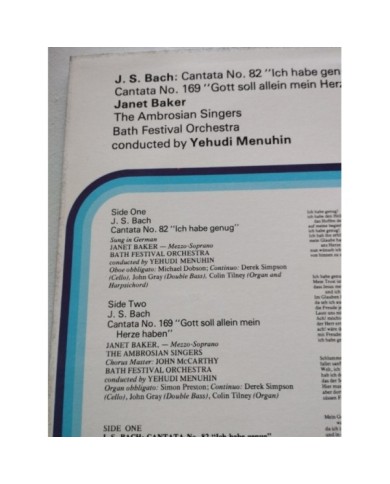 Janet Baker Yehudi Menuhin Bach Cantatas 1967 SXLP 30289 LP 12" Vinilo VG/VG Am