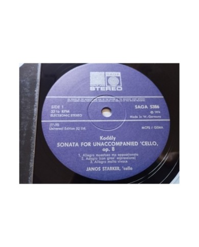 Janos Starker Plays Kodaly Cello Sonata Op 8 SAGA 5386 1974 LP 12" Vinilo VG/VG