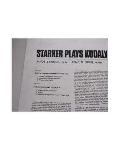 Janos Starker Plays Kodaly Cello Sonata Op 8 SAGA 5386 1974 LP 12" Vinilo VG/VG