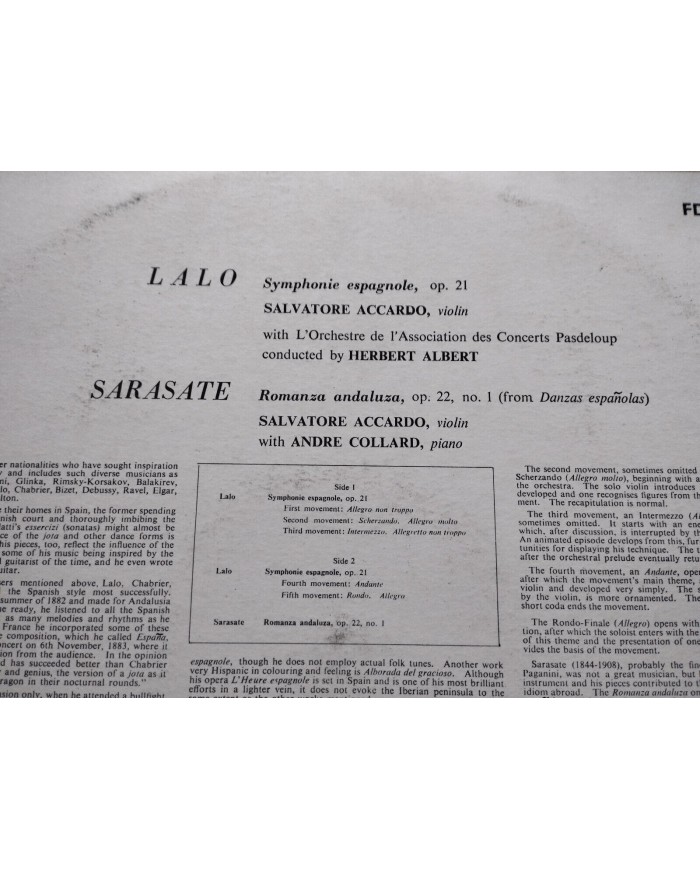 Lalo Symphonie Espagnole Sarasate Accardo FDY 2057 UK - LP 12" Vinilo VG/VG Am