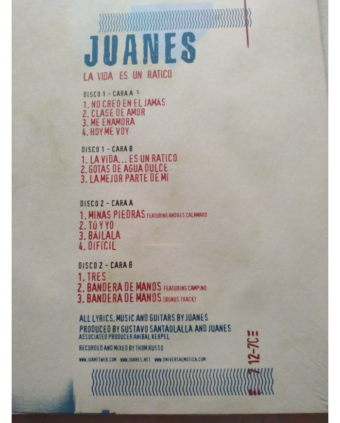 Juanes La Vida Es Un Ratico Universal 2021 - 2 x LP Vinilo 12" Nuevo 2T