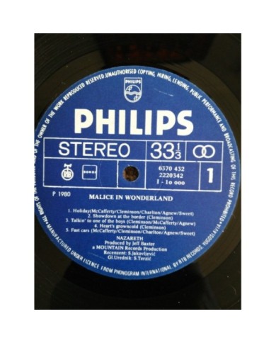 NAZARETH MALICE IN WONDERLAND LP 12" VINILO 1980 VG/VG+ YUGOSLAVIA EDITION - 2T