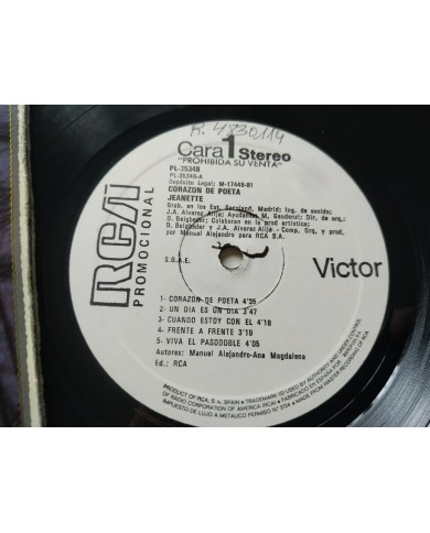 Jeanette Corazon de Poeta RCA 1981 PL-35348 - LP Vinilo 12" G+/VG Promocional Jeanette Corazon de Poeta RCA 1981 PL-35348 - LP Vinilo 12" G+/VG Promocional