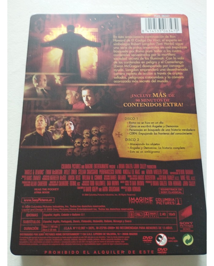 Angeles y Demonios Tom Hanks - 2 x DVD steelbook Español Ingles Region 2