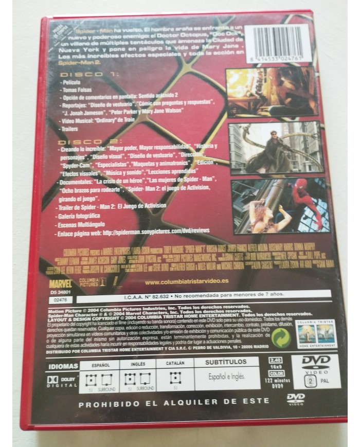 Spider-Man 2 Tobey Maguire Kirnsten Dunst - 2 x DVD Español Ingles Reg 2