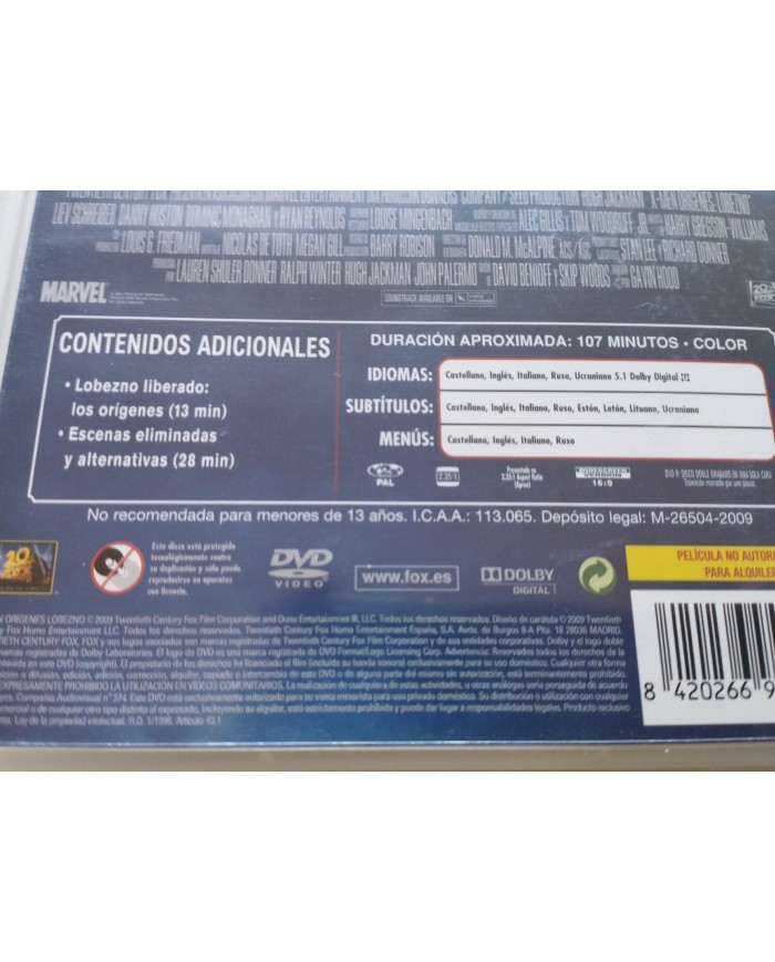 X-Men Origenes Lobezno + Extras Hugh Jackman - DVD Español Ingles Region 2