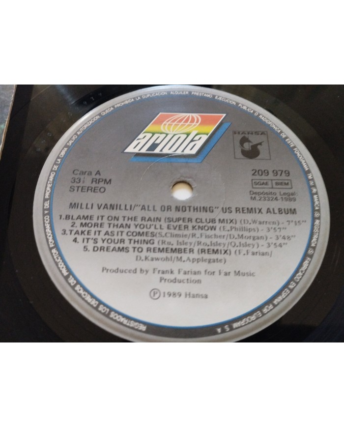Milli Vanilli All Or Nothing The US Remix Album 1989 - LP Vinilo 12" VG/VG Am