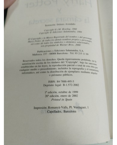 Harry Potter Y La Camara Secreta J K Rowling Edicion 2002 Salamandra - LIBRO Am