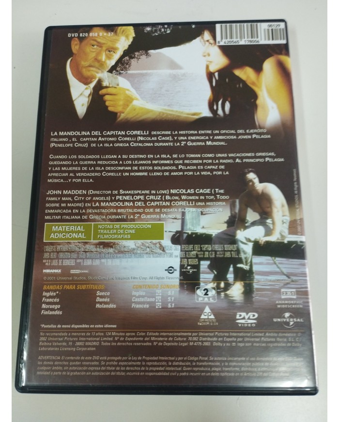 La Mandolina del Capitan Corelli Nicolas Cage Penelope Cruz DVD Español Ingles