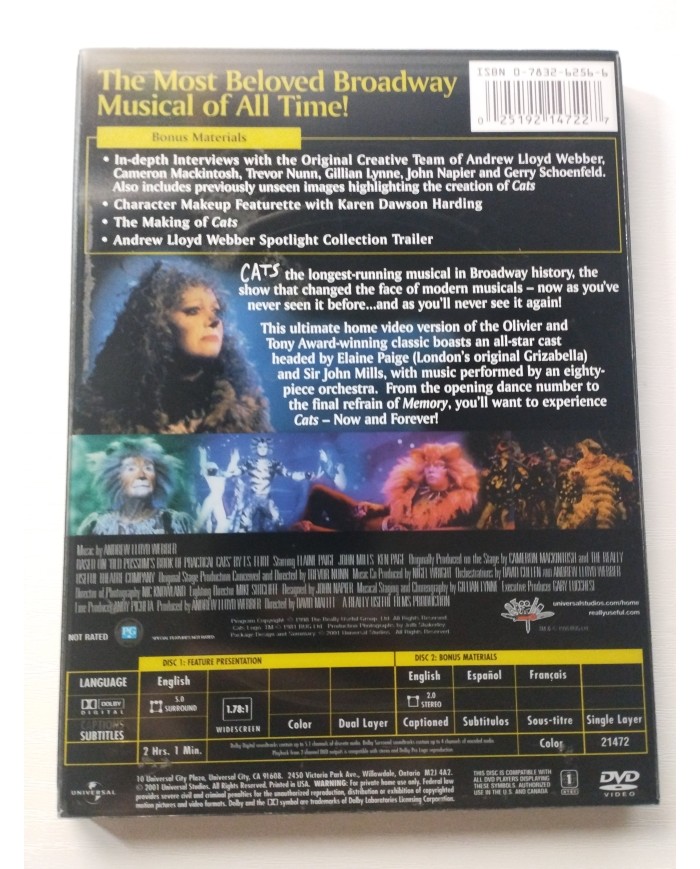 CATS Ultimate Edition Andrew Lloyd Webber - 2 x DVD Ingles Español Region 1 Am