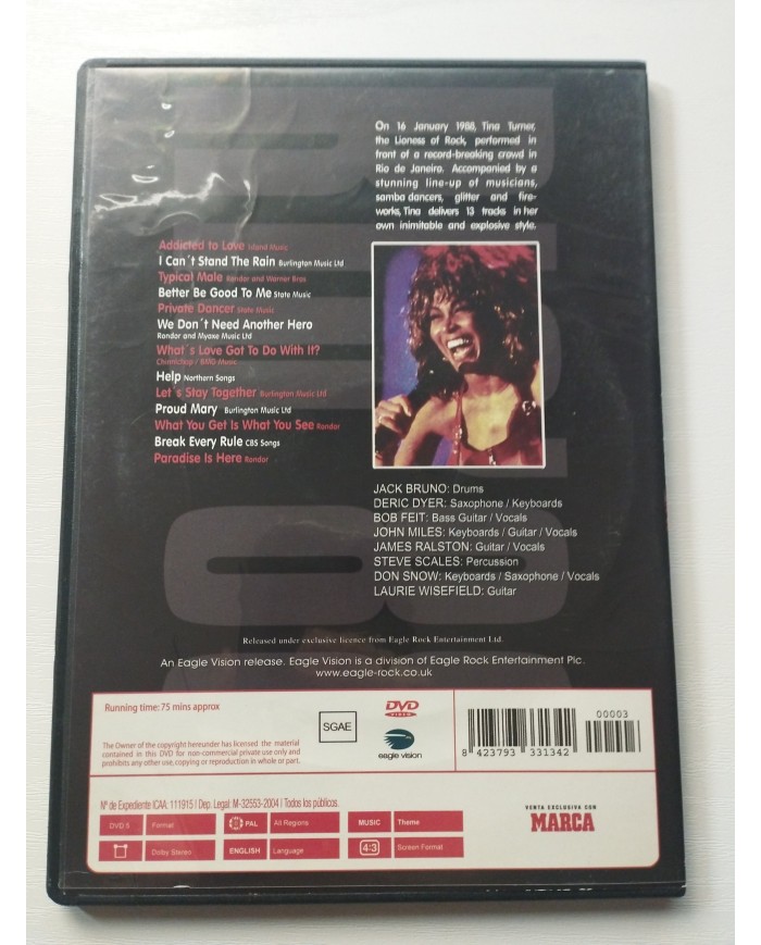 Tina Turner Rio 88 Live In Concert Rio de JAneiro 75 min - DVD Region All  All Regions DVD