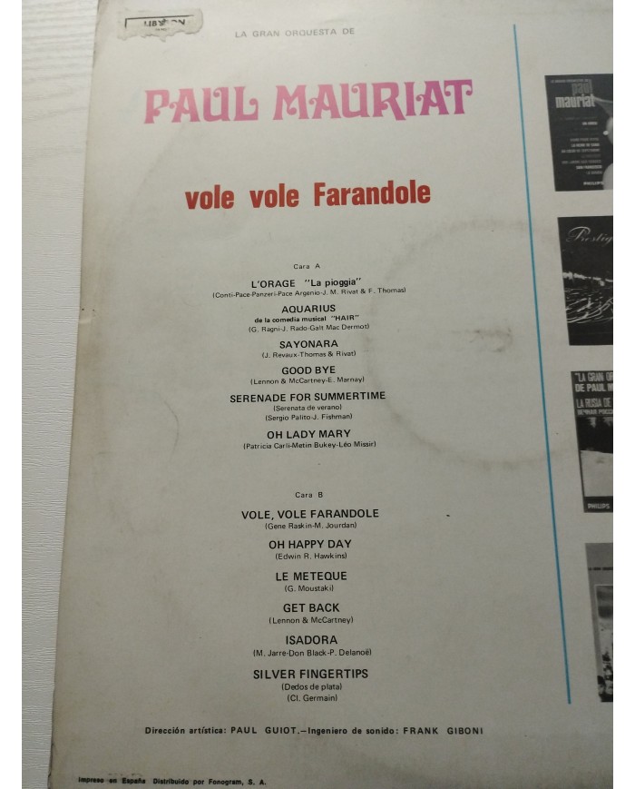 Paul Mauriat Su Orquesta Vole Vole Farandole Philips 1969 - LP Vinilo 12" G+/VG