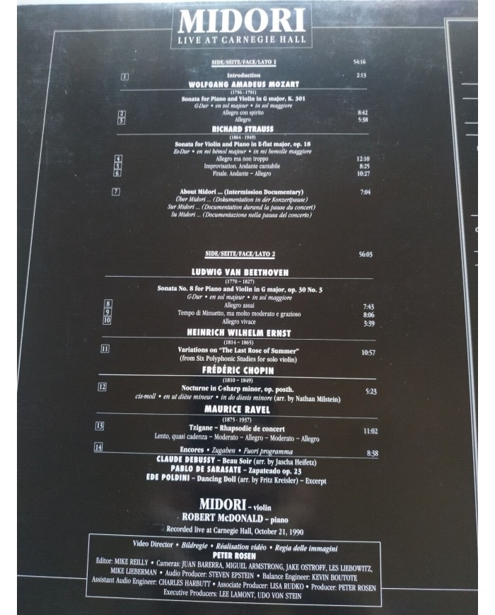 Midori Live At Carnagie Hall Mozart Strauss Beethoven 1991 - LASERDISC LD - 2T