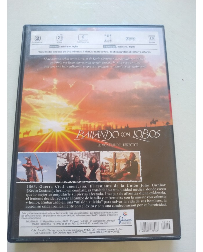 Bailando con Lobos El Montaje del Director Kevin Costner DVD Rg 2 Español Ingles